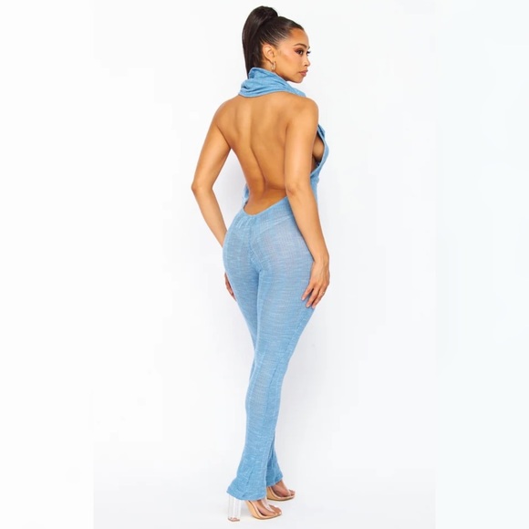 Blue Knit Cowl Neck Hoodie Style Sheer Jumpsuit - Picture 2 of 11